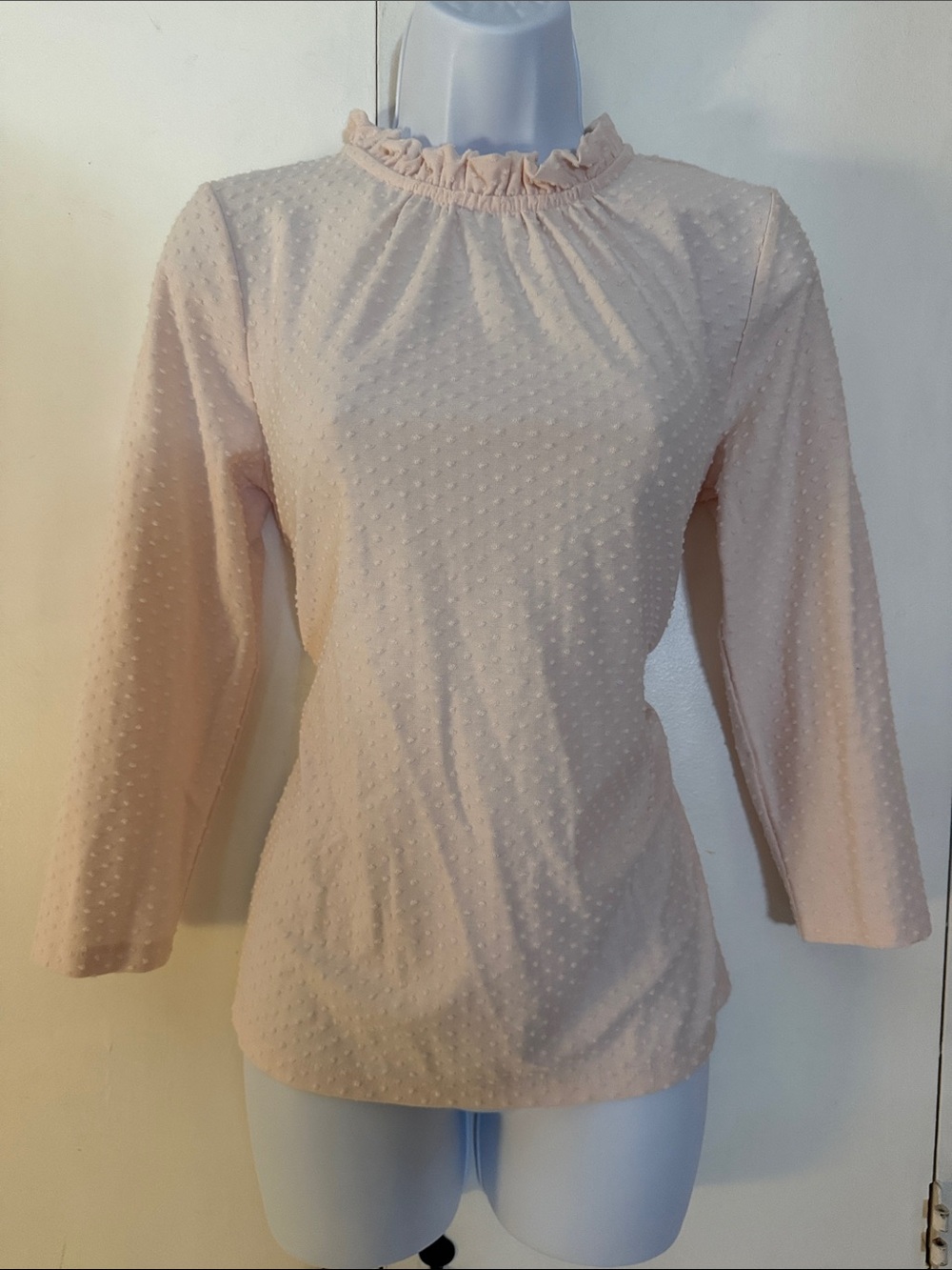 Ann Taylor Factory Light Pink Swiss Dot Ruffle Neck Blouse